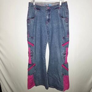 Macgirl Macgear Y2K Rave Cargo Jeans Pink Contrast Wide Leg Denim Size 15